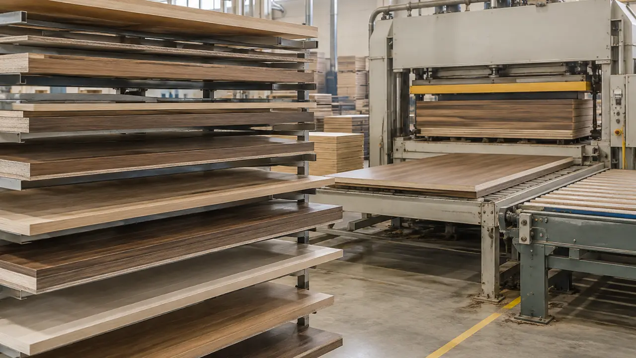 Illustrazione: linea di laminazione pannelli con pannelli impiallacciati impilati su scaffali accanto a una pressa a caldo