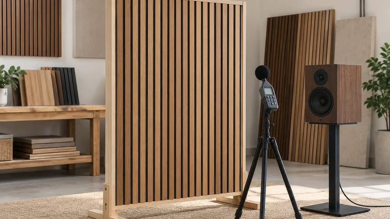 Querschnitt eines Akustik-Lamellenpanels mit PET-Filzrückseite neben einem NRC-Absorptionsdiagramm