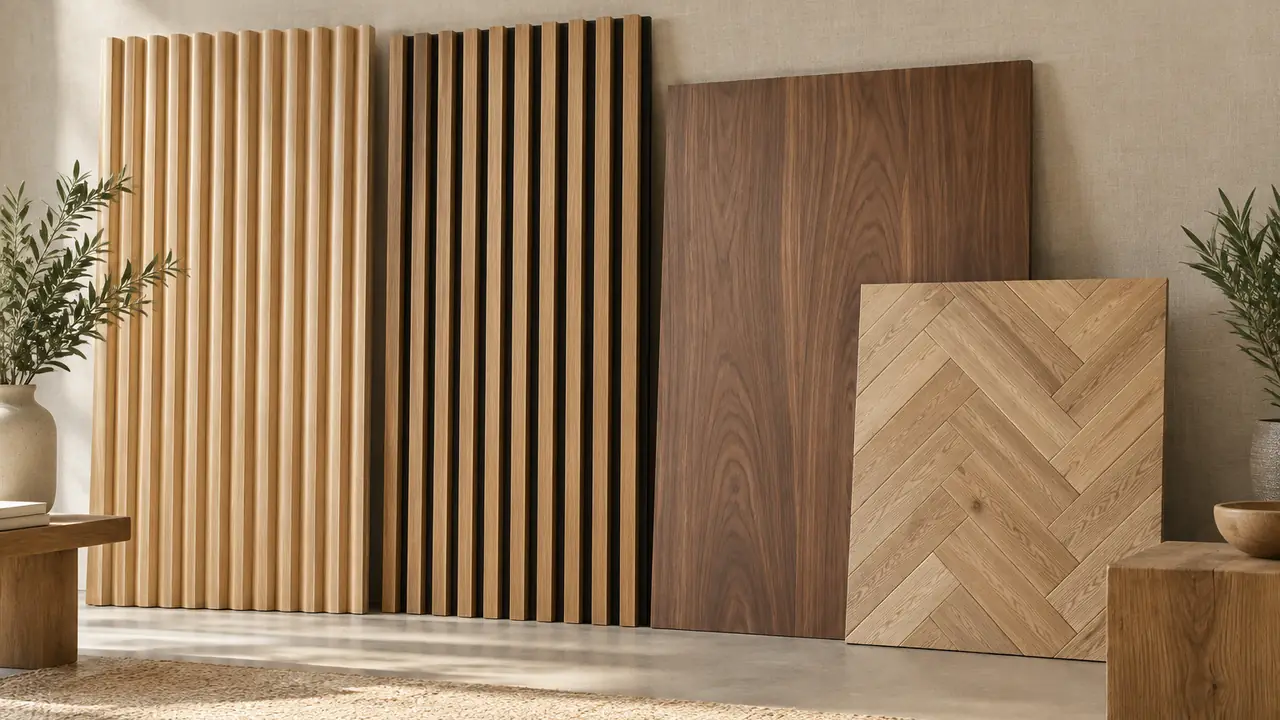 Wood wall panel samples in oak, walnut and fluted profiles arranged on a warm linen surface