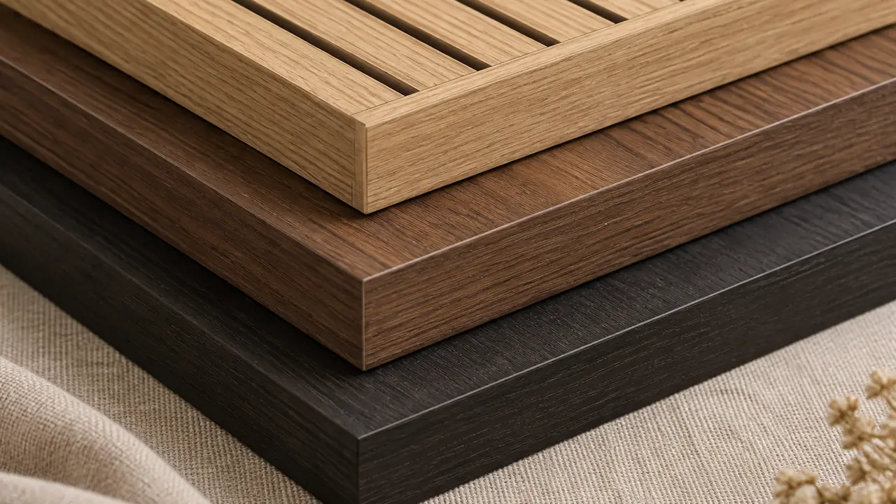 Scrivania FAQ sui pannelli in legno con un libretto di cartelle colore, un campione a listelli e una scheda tecnica aperta