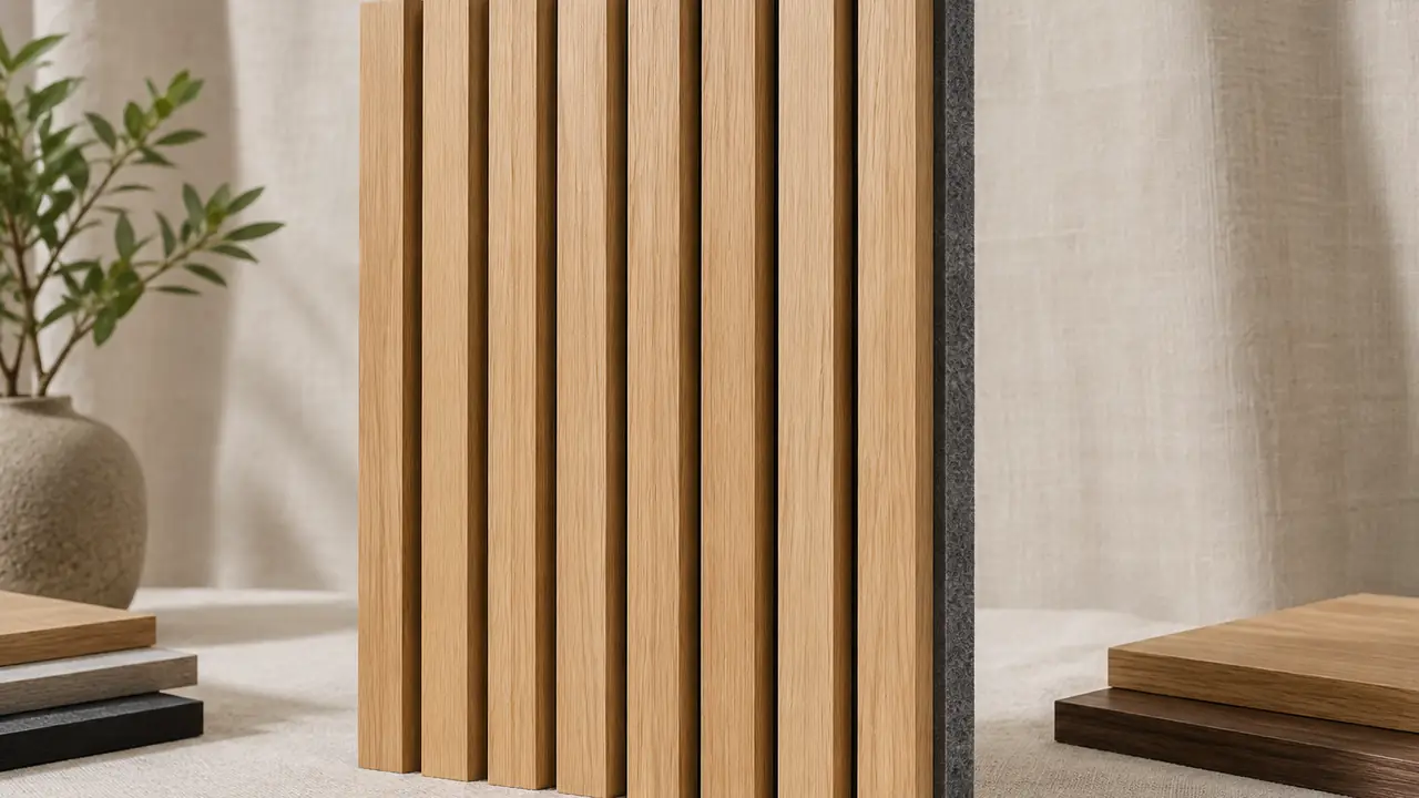 Fluted oak wall panel standing upright with the PET felt backing edge visible