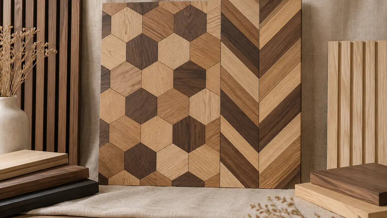 Mosaik-Holz-Wandpaneel mit Sechseck- und Chevron-Modulen in gemischten Holzmasertönen