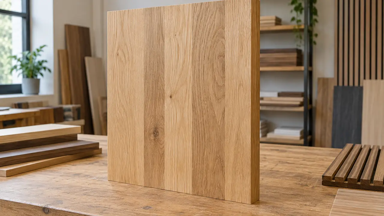 Solid wood wall panel of edge-glued oak strips showing the joint lines across the face